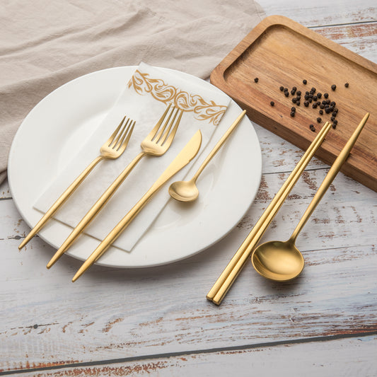 Gold silverware set stainless steel housewarming new home couples korean spoons with long handles cucharas para comer enedores cubiertos de acero inoxidable Dorados palillos christmas gifts