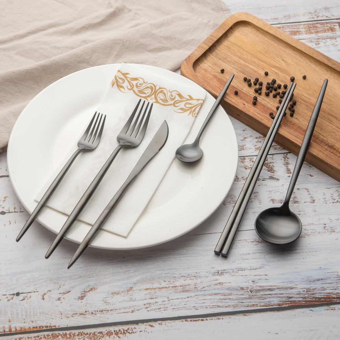 matte black silverware set stainless steel cucharas para comer enedores cubiertos de acero inoxidable Dorados palillo chinos juego