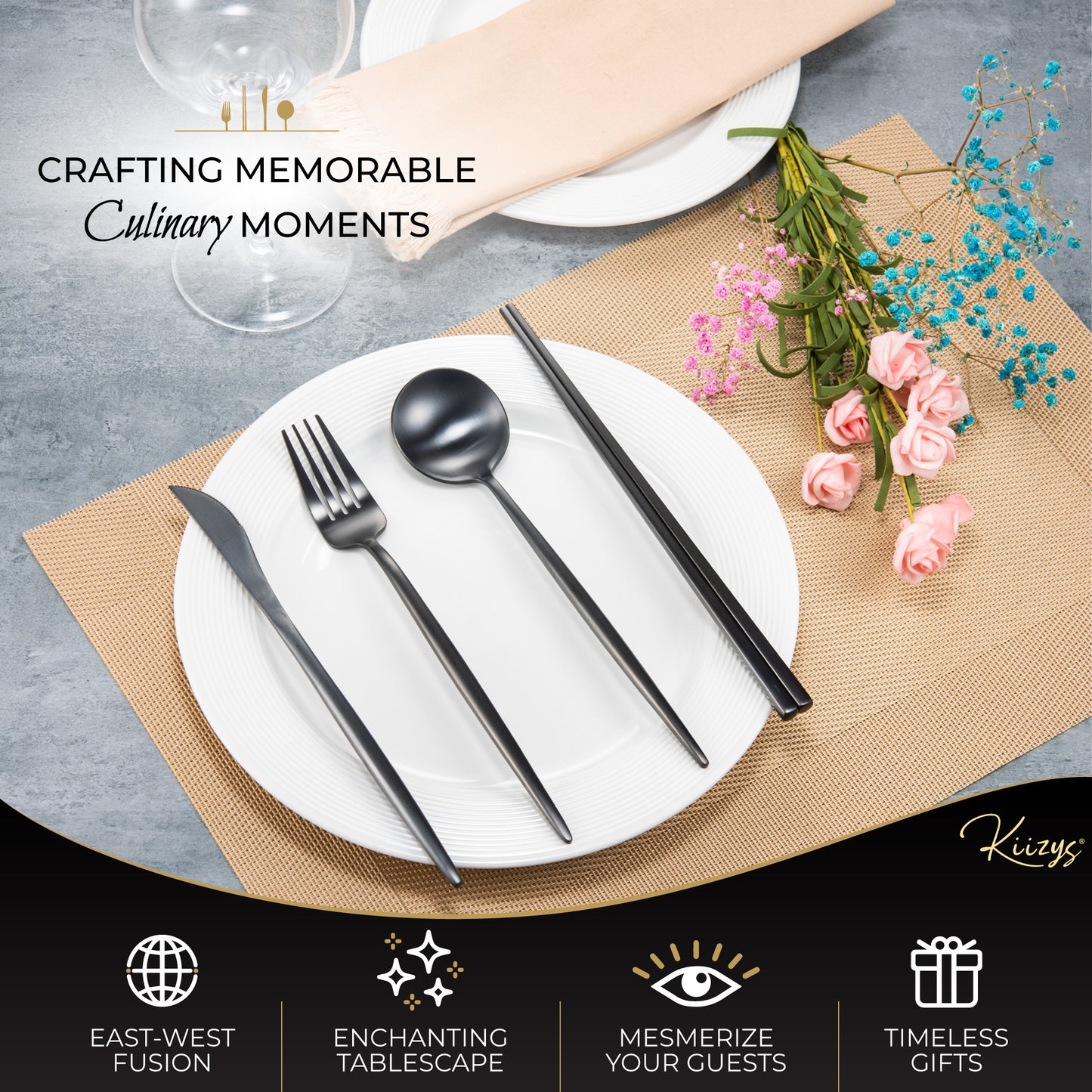 KiiZYs Stainless Steel Minimalist Cutlery 14 Pieces Set - Matte Black
