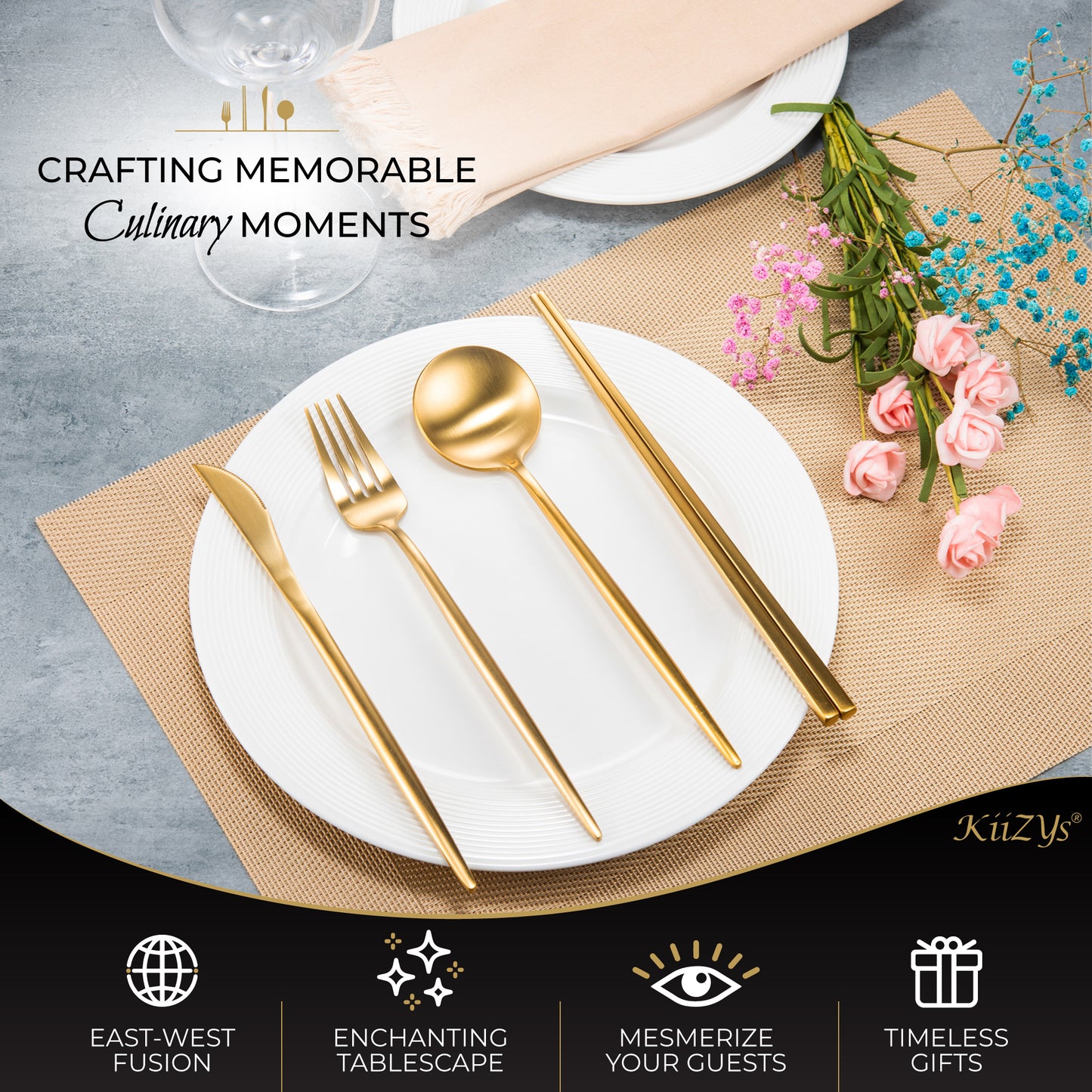 KiiZYs Stainless Steel Minimalist Cutlery 16 Pieces Set - Matte Gold